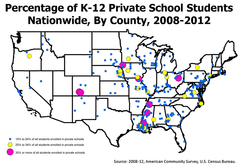 Percentage of K-12 Private School Students Nationwide, By County, 2008-2012