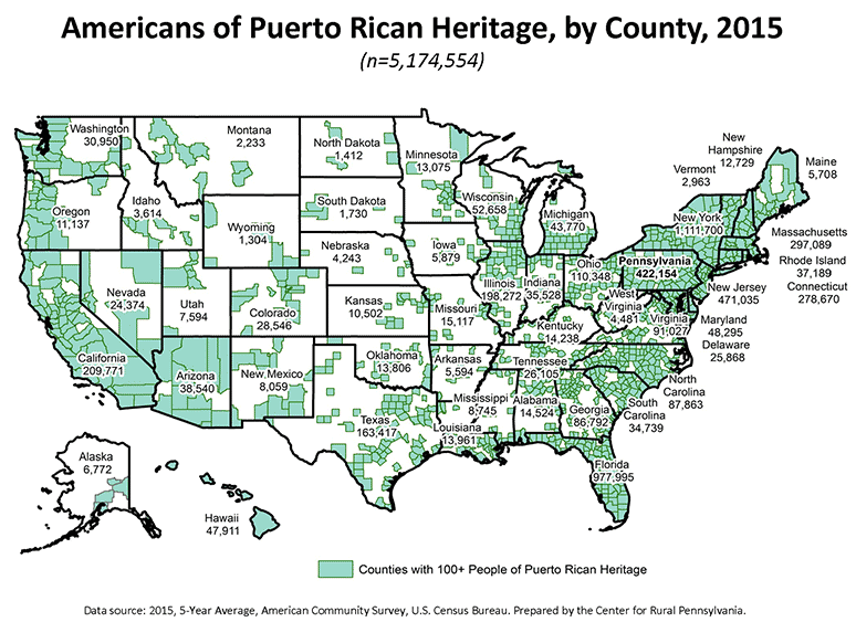 US Map Showing Americans of Puerto Rican Heritage, by County, 2015