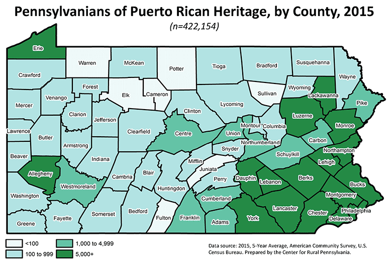 Map Showing Pennsylvanians of Puerto Rican Heritage, by County, 2015