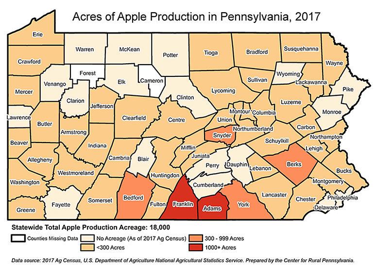 Map: Acres of Apple Production in Pennsylvania, 2017