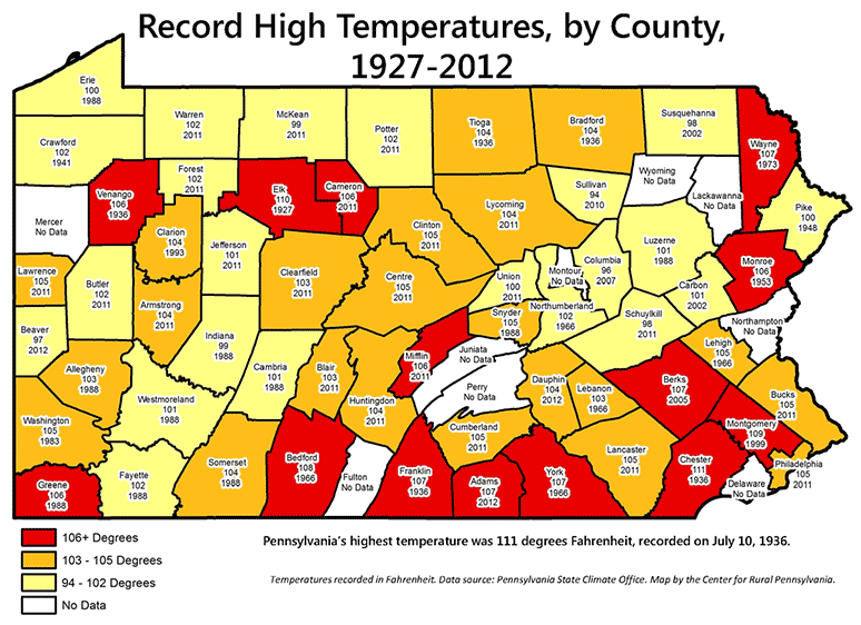 Record High Temperatures, by County, 1927-2012