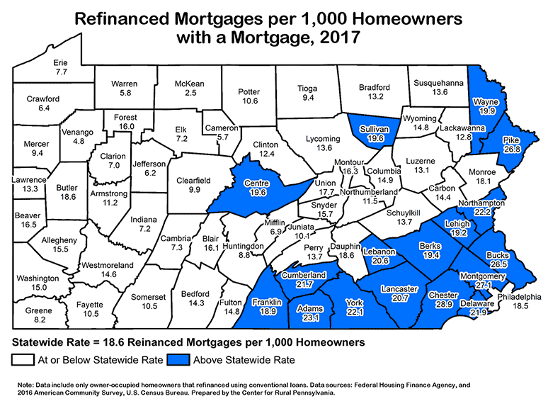 Pennsylvania Map Showing Refinanced Mortgages per 1,000 Homeowners with a Mortgage, 2017