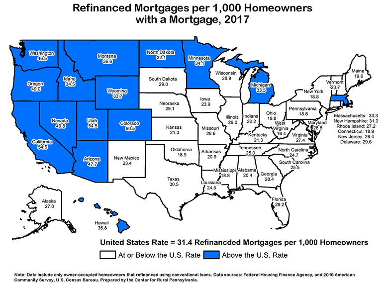 United States Map Showing Refinanced Mortgages per 1,000 Homeowners with a Mortgage, 2017