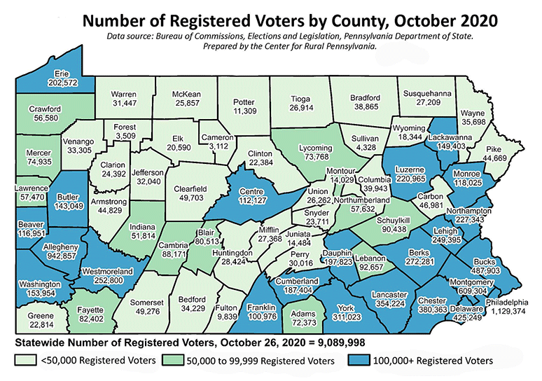 Pennsylvania Map Showing Number of Registered Voters by County, October 2020