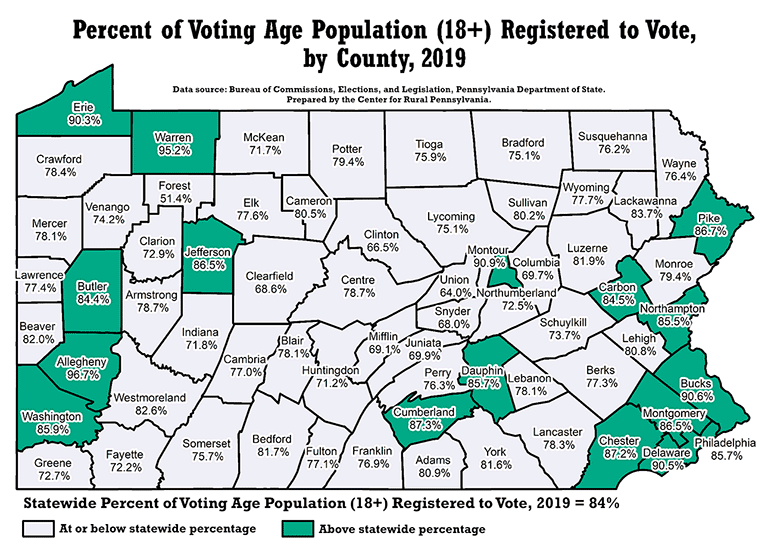Pennsylvania Map Showing Percent of Voting Age Population (18+) Registered to Vote, by County, 2019