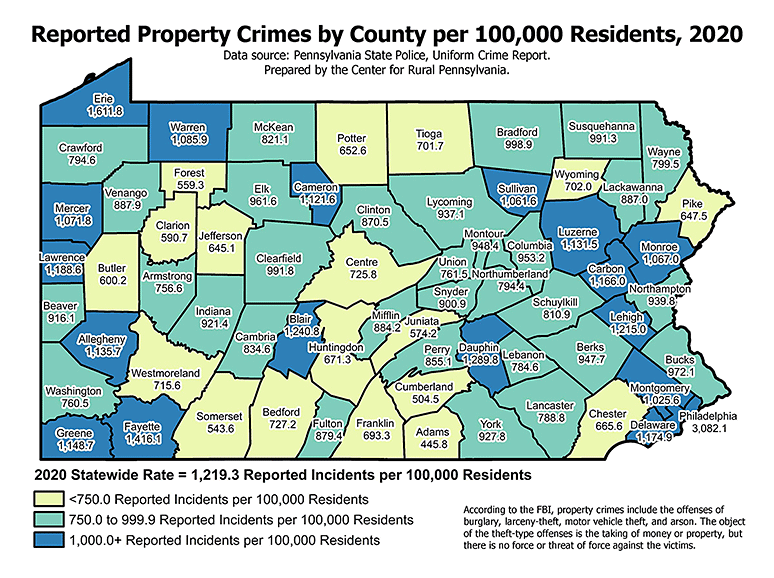 Pennsylvania Map: Reported Property Crimes by County per 100,000 Residents, 2020