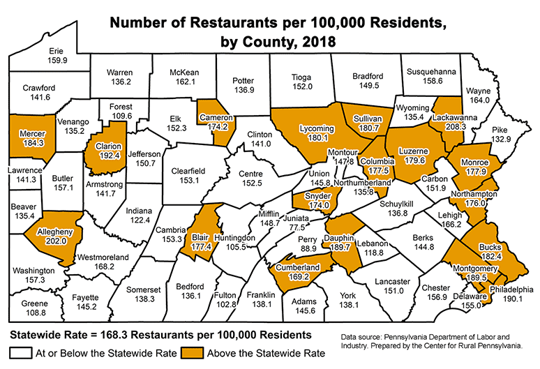 Pennsylvania Map Showing Number of Restaurants per 100,000 Residents, by County, 2018