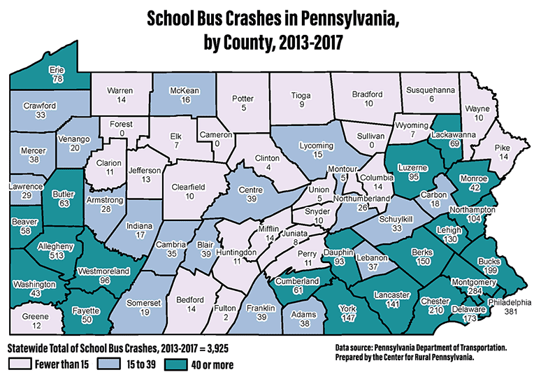 Map Showing School Bus Crashes in Pennsylvania, by County, 2013-2017