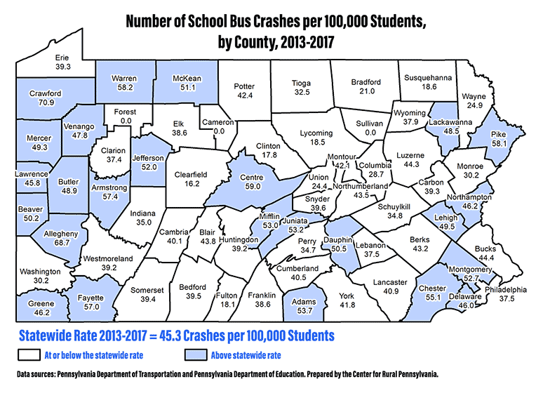 Map Showing Number of School Bus Crashes per 100,000 Students, by County, 2013-2017