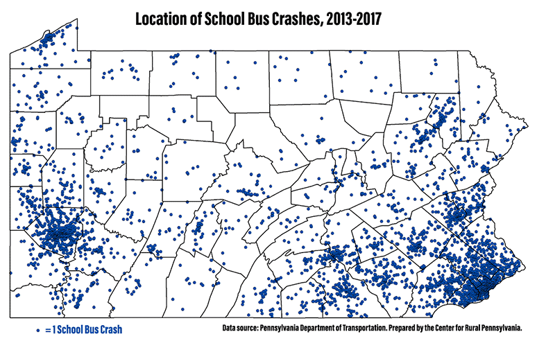 Pennsylvania Map Showing Location of School Bus Crashes, 2013-2017