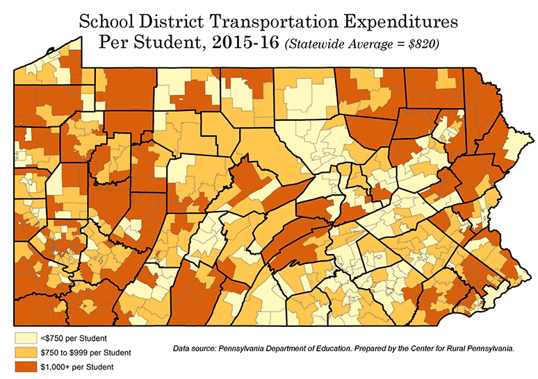 Pennsylvania Map Showing School District Transportation Expenditures Per Student, 2015-16