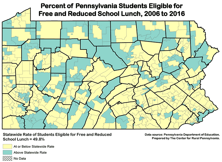 Map Showing Percent of Pennsylvania Students Eligible for Free and Reduced School Lunch, 2006 to 2016