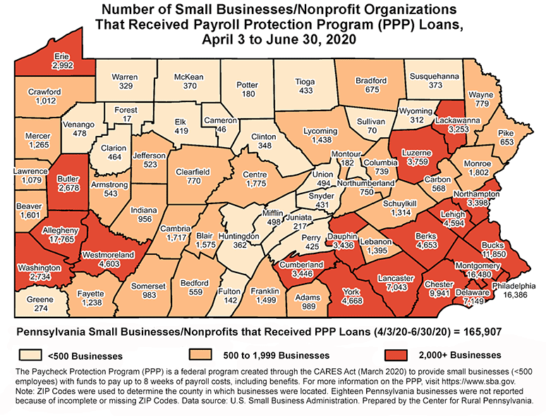 Pennsylvania Map Showing Number of Small Businesses/Nonprofit Organizations that Received Payroll Protection Program (PPP) Loans, April 3 to June 30, 2020