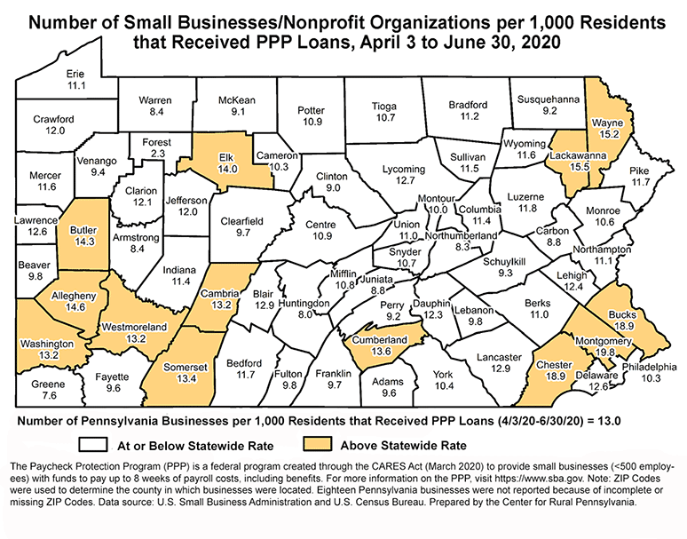 Pennsylvania Map Showing Number of Small Businesses/Nonprofit Organizations per 1,000 Residents that Received PPP Loans, April 3 to June 30, 2020