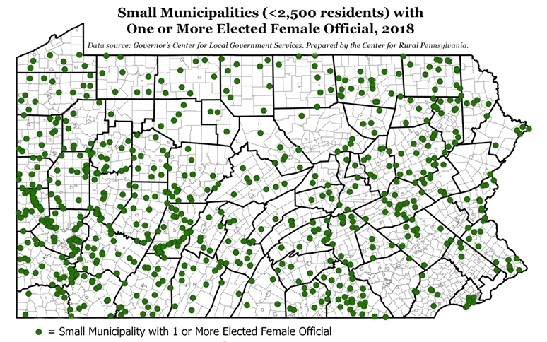 Pennsylvania Map Showing Small Municipalities (less than 2,500 residents) with One or More Elected Female Official, 2018