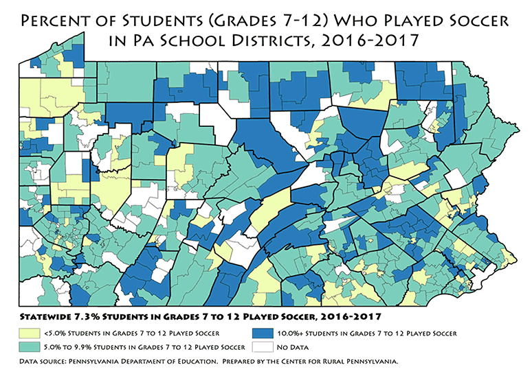 Map Showing Percent of Students (Grades 7-12) Who Played Soccer in PA School Districts, 2016-17