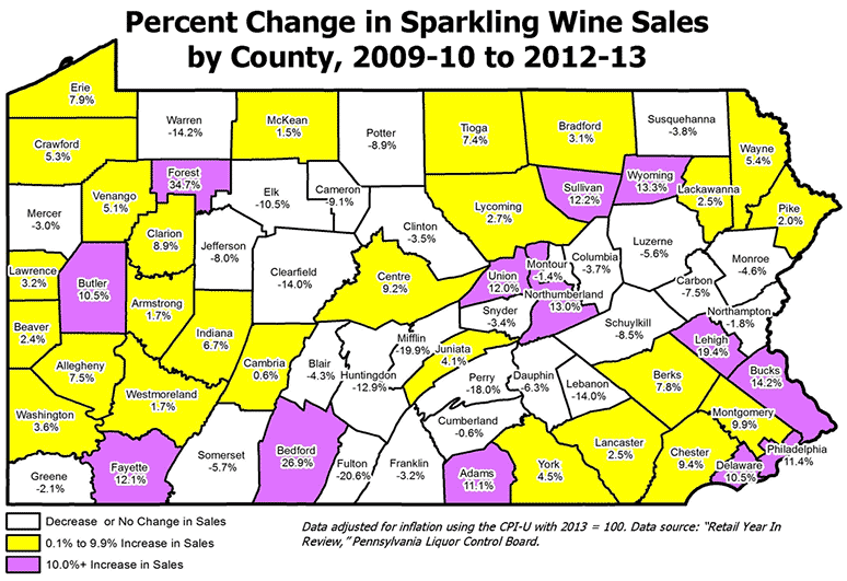 Percent Change in Sparkling Wine Sales by County, 2012-13