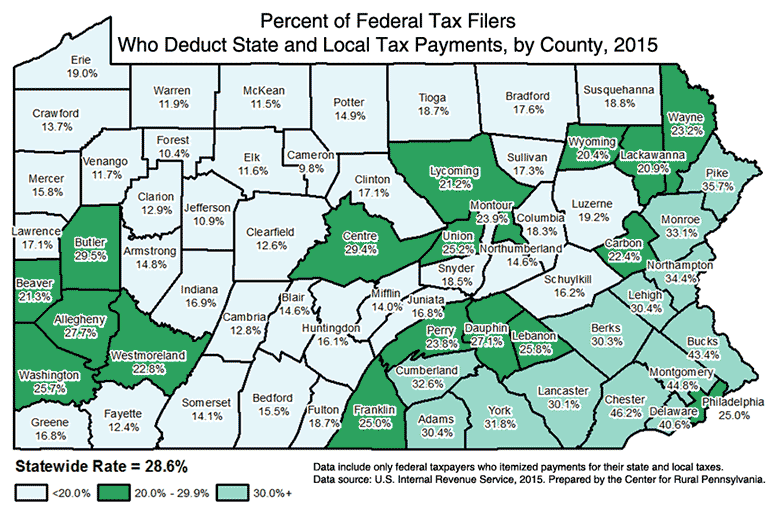 Pennsylvania Map Showing Percent of Federal Tax Filers Who Deduct State and Local Tax Payments, by County, 2015