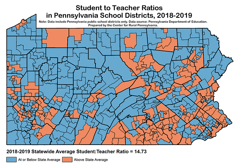 Map Showing Student to Teacher Ratios in Pennsylvania School Districts, 2018-2019