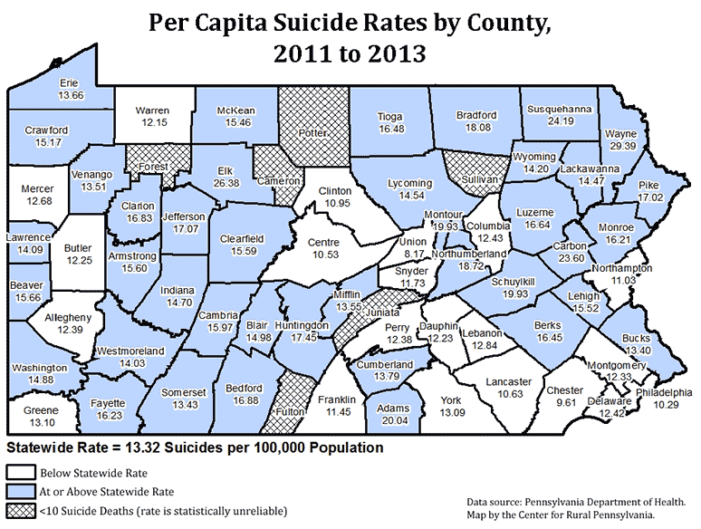 Per Capita Suicide Rates by County, 2011 to 2013