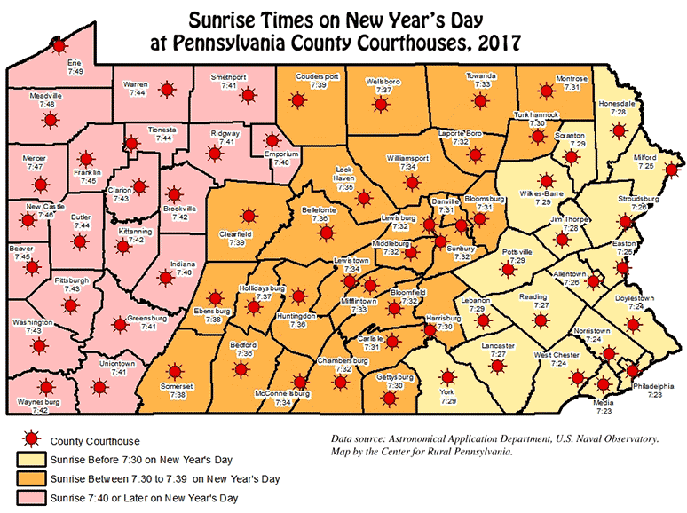 Sunrise Time on New Year's Day at Pennsylvania County Courthouses, 2017