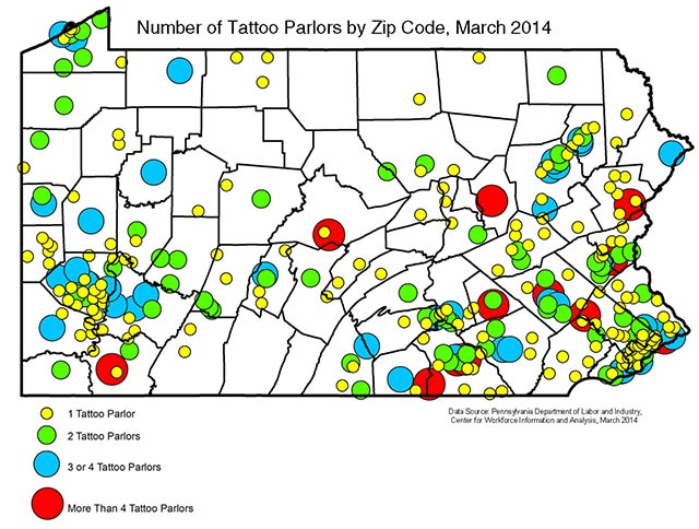 Number of Tattoo Parlors by Zip Code, March 2014