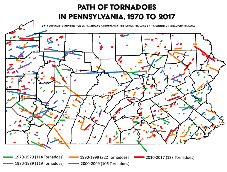 Map Showing Path of Tornados in Pennsylvania, 1970 to 2017