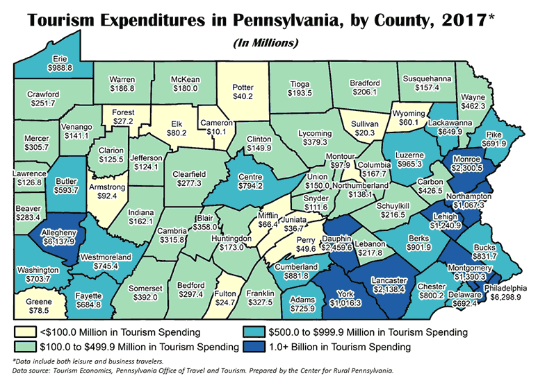 Pennsylvania Map Showing Tourism Expenditures in Pennsylvania, by County, 2017