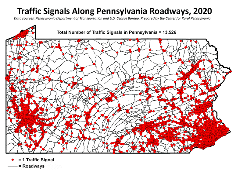 Map Showing Traffic Signals Along Pennsylvania Roadways, 2020