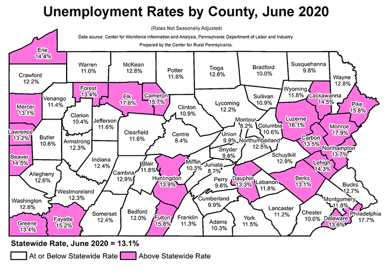 Pennsylvania Map Showing Unemployment Rates by County, June 2020