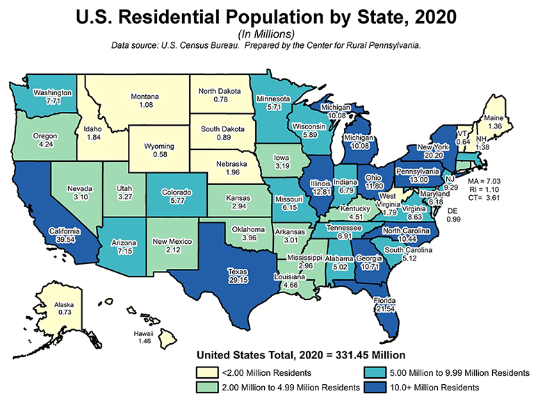 Map: U.S. Residential Population by State, 2020