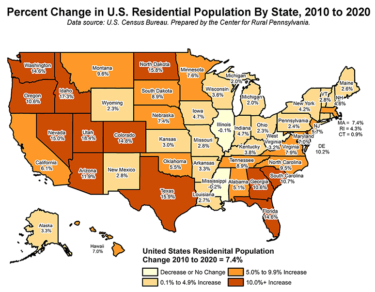 Map: Percent Change in U.S. Residential Population by State, 2010 to 2020