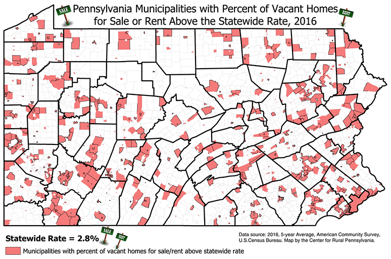 Pennsylvania Map Showing Municipalities with Percent of Vacant Homes for Sale or Rent Above the Statewide Rate, 2016