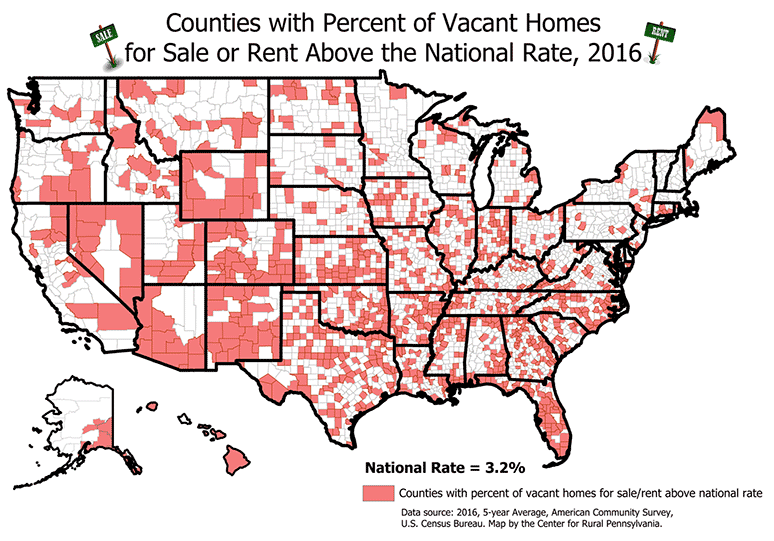 United States Map Showing Counties with Percent of Vacant Homes for Sale or Rent Above the National Rate, 2016