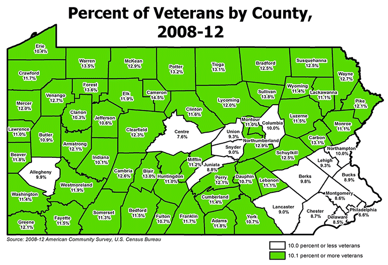 Percent of Veterans by County, 2008-12