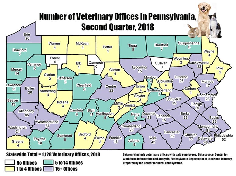 Pennsylvania Map Showing Number of Veterinary Offices in Pennsylvania, Second Quarter, 2018
