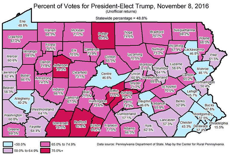 Percent of Votes for President-Elect Trump, November 8, 2016