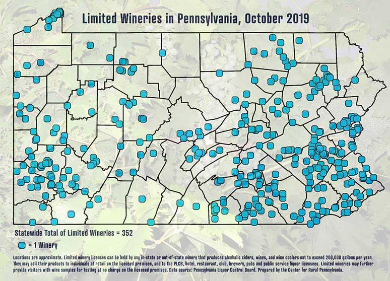 Map Showing Limited Wineries in Pennsylvania, October 2019