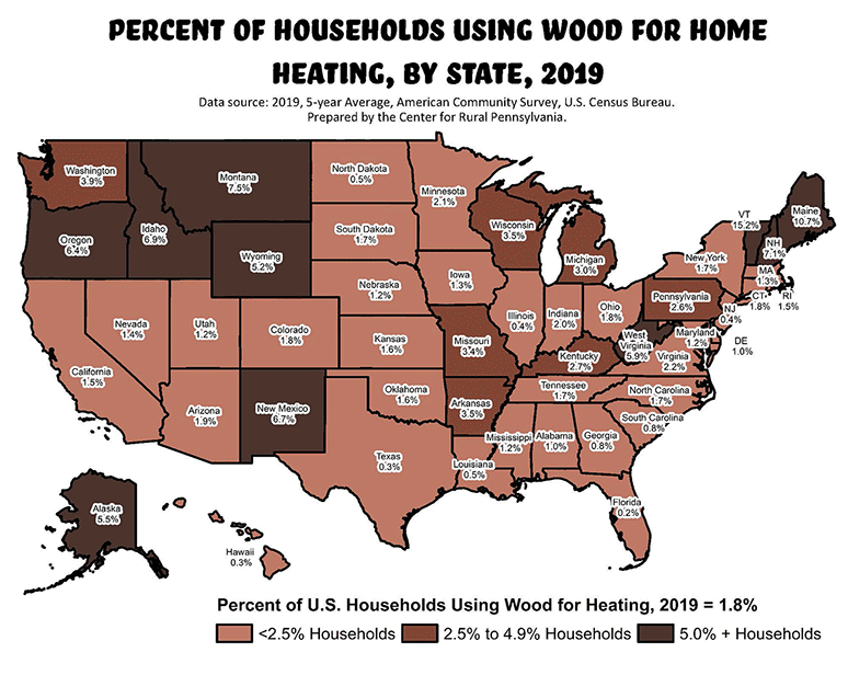 United States Map: Percent of Households Using Wood for Home Heating, by State, 2019