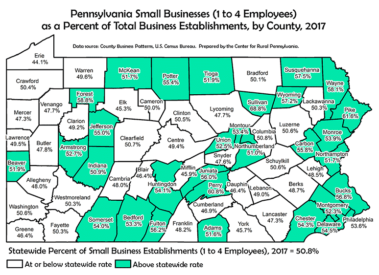Map Showing Pennsylvania Small Businesses (1 to 4 Employees) as a Percent of Total Business Establishments, by County, 2017