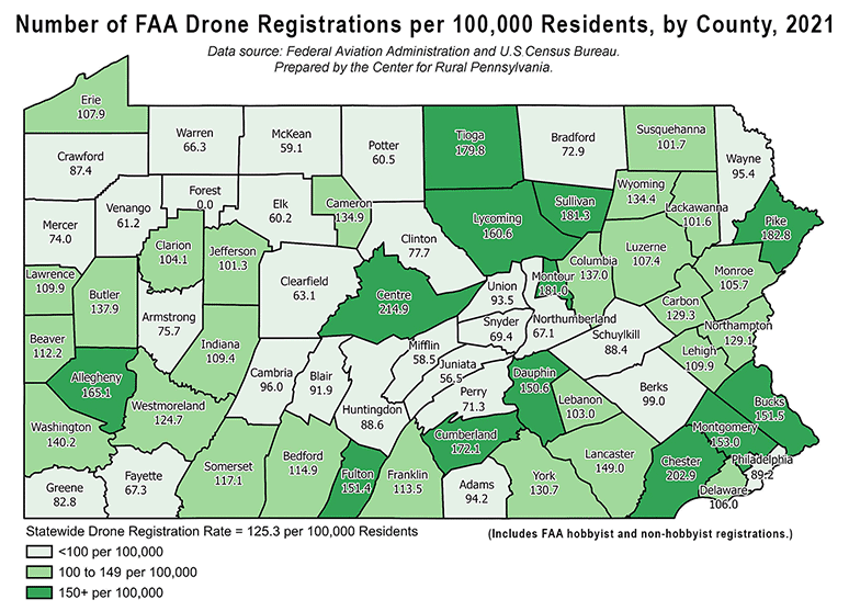 Pennsylvania Map: Number of FAA Drone Registrations per 100,000 Residents, by County, 2021