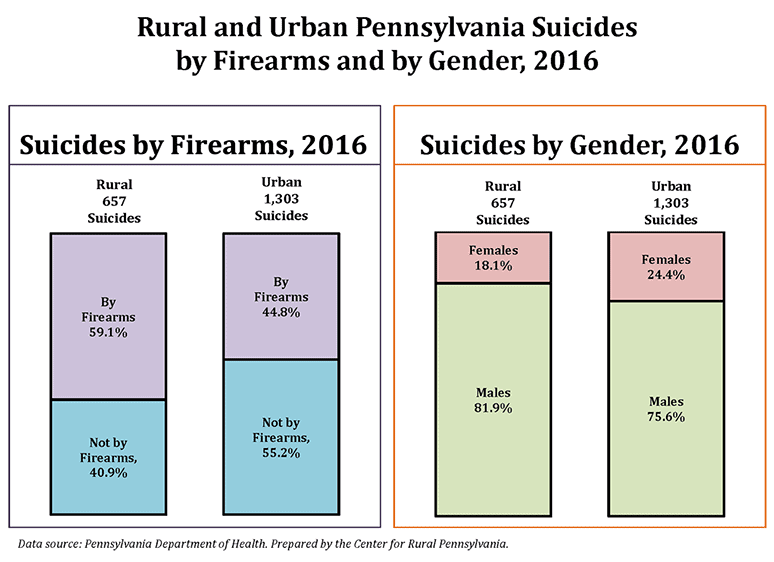 Infographic Showing Rural and Urban Pennsylvania Suicides by Firearms and Gender, 2016