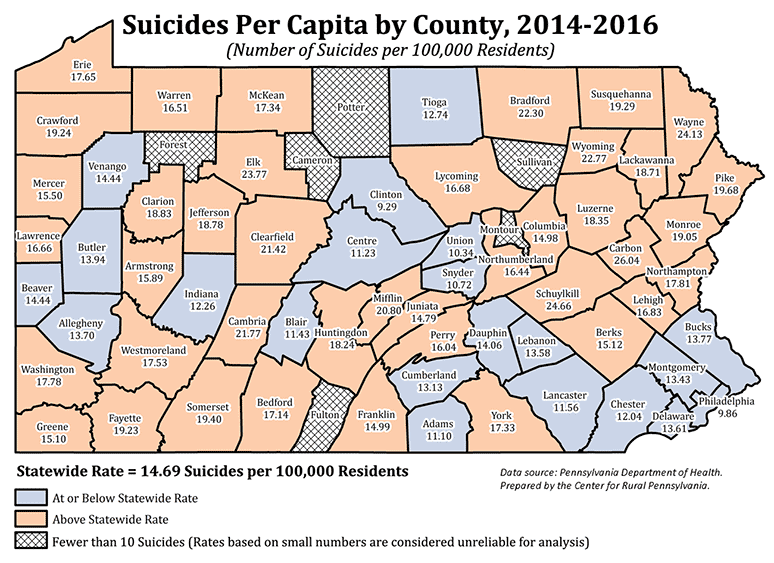 Pennsylvania Map Showing Suicides per Capita by County, 2014-2016
