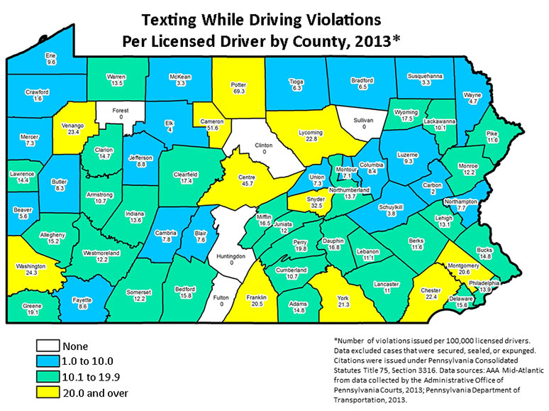 Texting While Driving Violations Per Licensed Driver by County, 2013