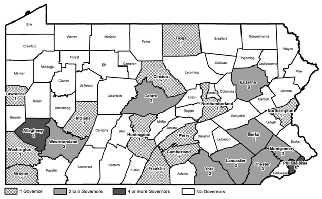 Pennsylvania Governors' Birth Counties, 1790 to 2015