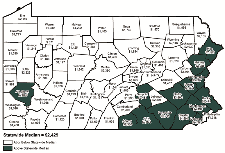 Median Property Taxes Paid by Pennsylvania Homeowners, 2013