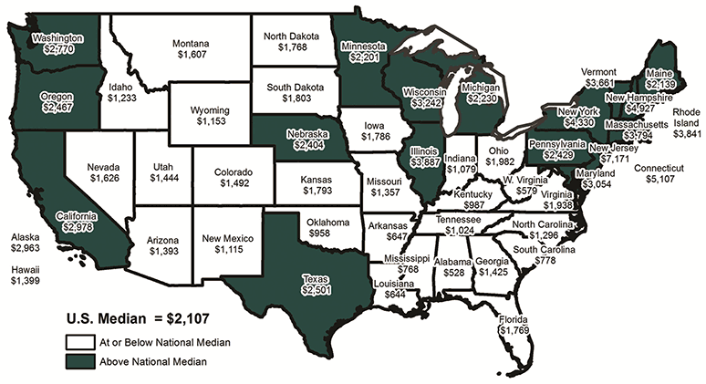 Median Property Taxes Paid by Homeowners by State, 2013