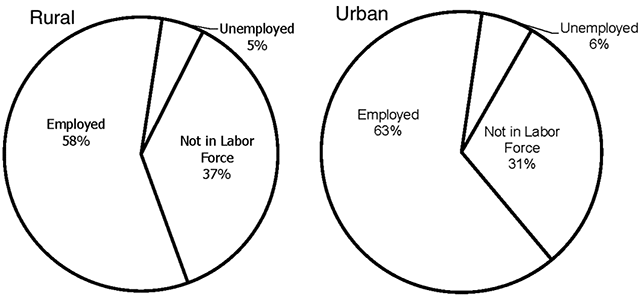 Rural (left) and Urban (right) Male Labor Force Participation Rates, 2015 