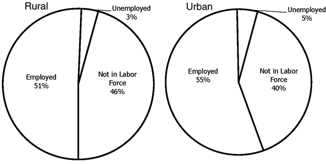 Rural (left) and Urban (right) Female Labor Force Participation Rates, 2015 