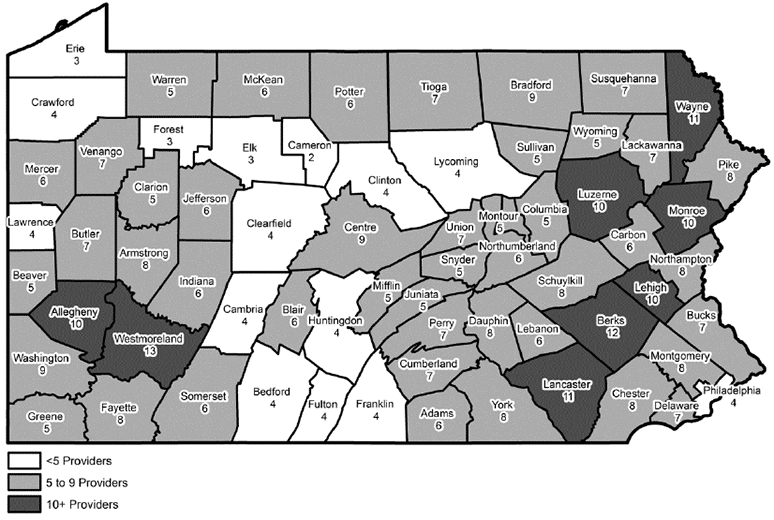 Pennsylvania Map Showing Number of Broadband Internet Service Providers, 2016